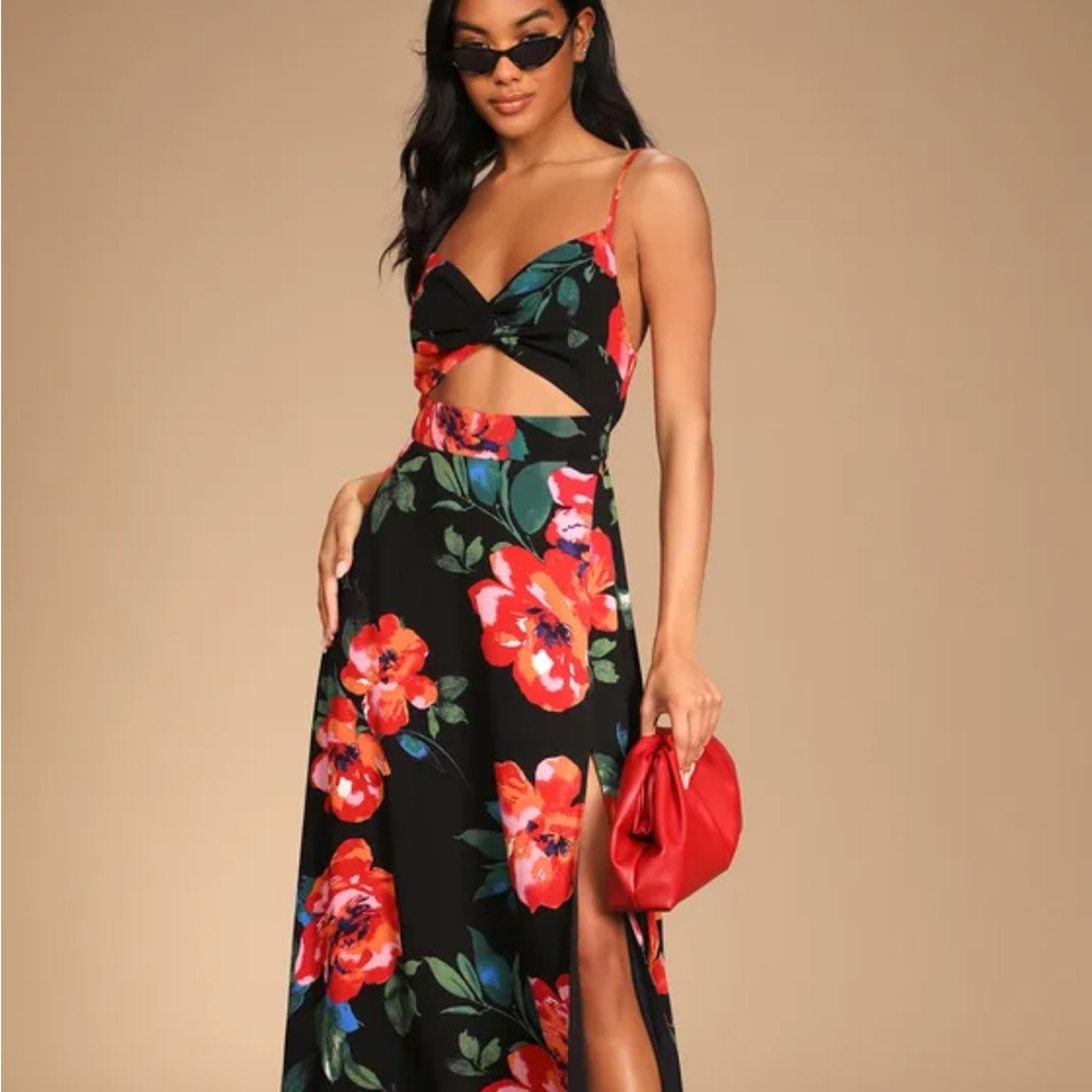 Lulu's Black Maxi Dress with Red Floral Print